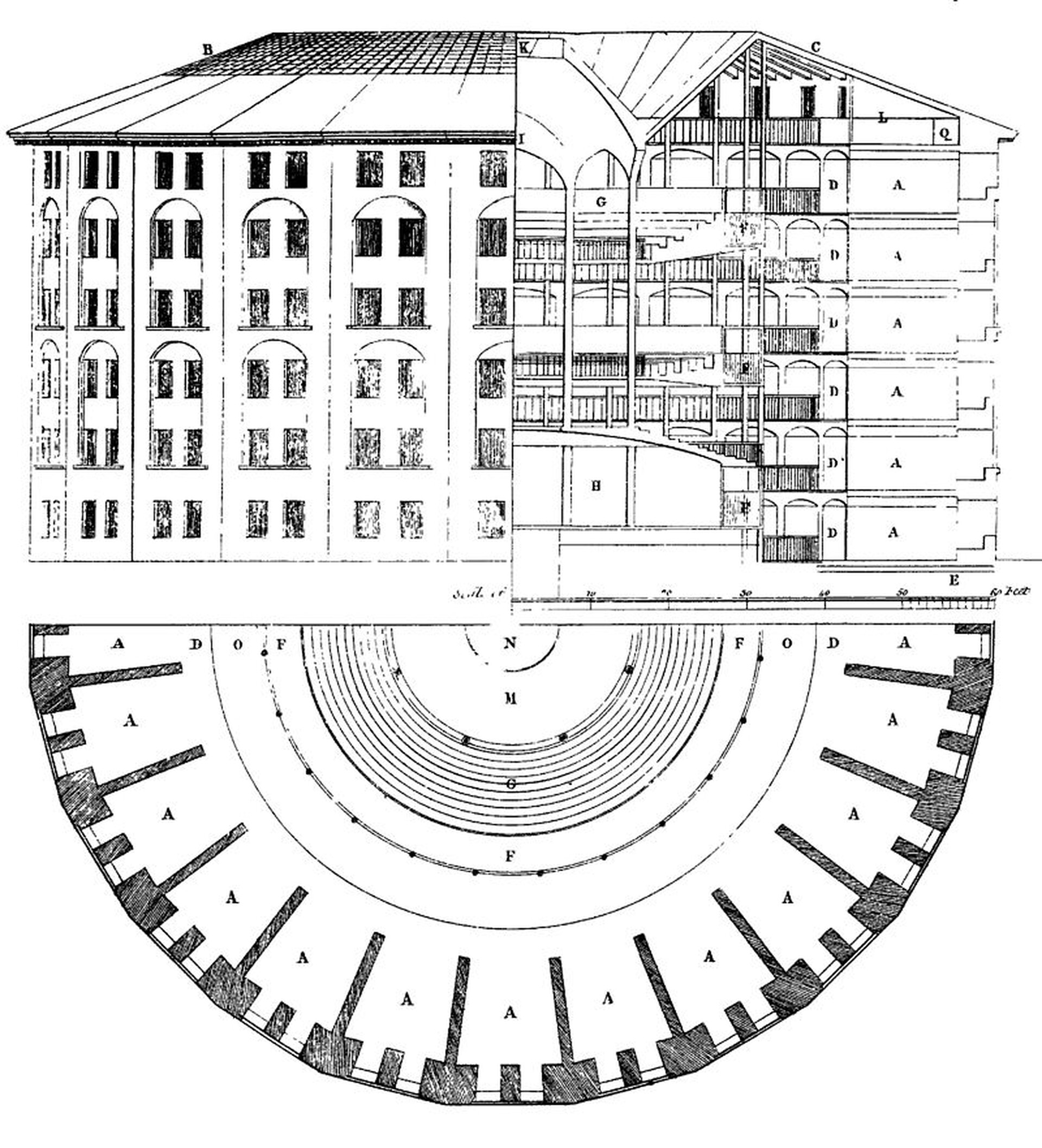  Na czarno-białym obrazku przedstawiony został rysunek panoptykonu. Wedle przedstawionego schematu jest to okrągły budynek więzienia, na środku którego ma stać wieża strażnicza. 