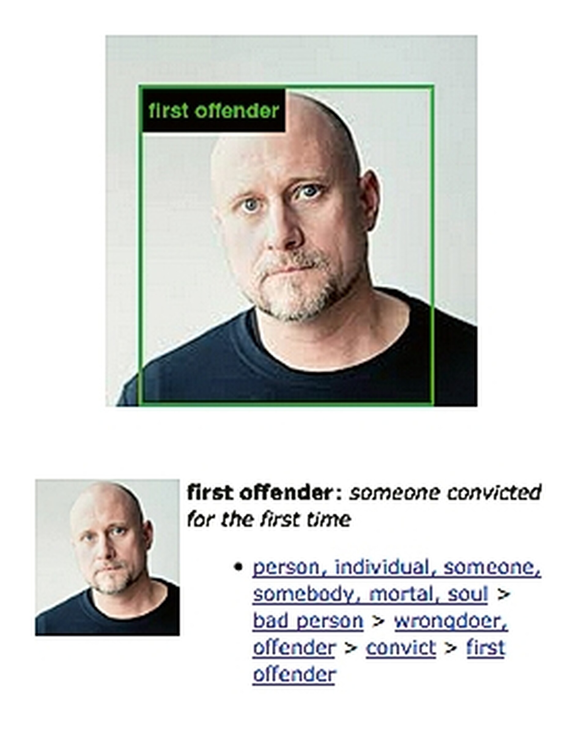  Widok ekranu z aplikacji ImageNet Roullete. Na ekranie widać łysego mężczyznę w wieku trzydziestuparu lat. Mężczyzna został opisany przez aplikację jako „first offender”, czyli przestępca skazany po raz pierwszy. 